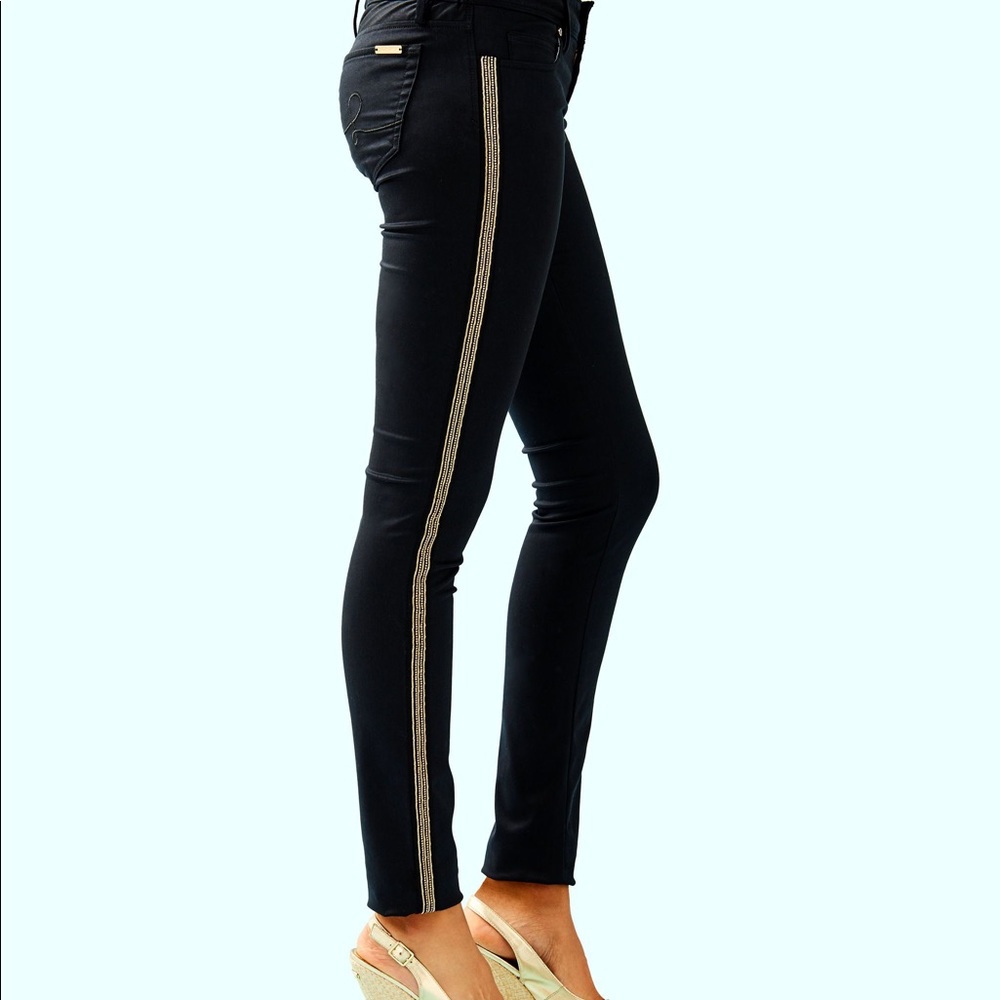 Lilly Pulitzer Skinny Black Pant, Gold Trim Size12